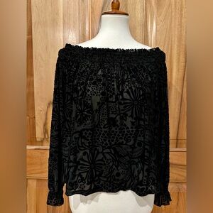 Free People Sheer Velvet Burn-Out/Floral Motif Smocked Neckline Top, EUC, XS